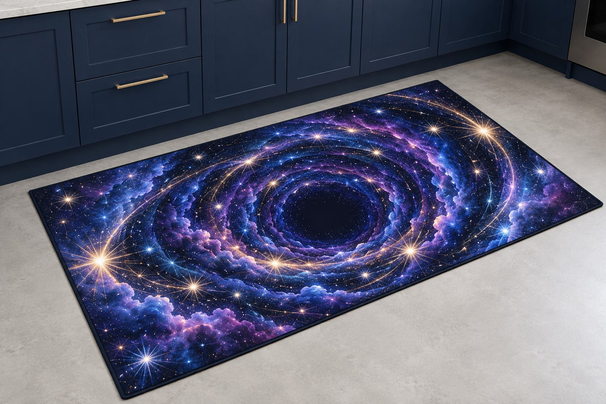 Milestone Birthday Star Portal Kitchen Rug with dimensional printed themed artwork; representative AI-generated mockup.