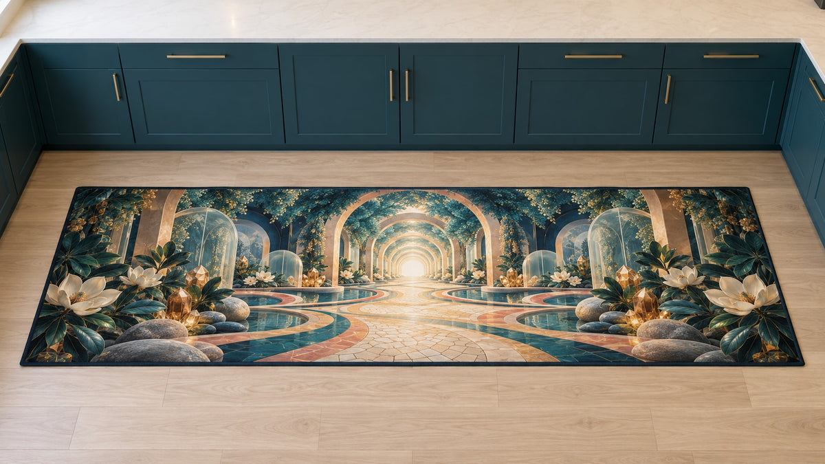 Empathy Pathway Sanctuary Kitchen Rug with dimensional printed themed artwork; representative AI-generated mockup.