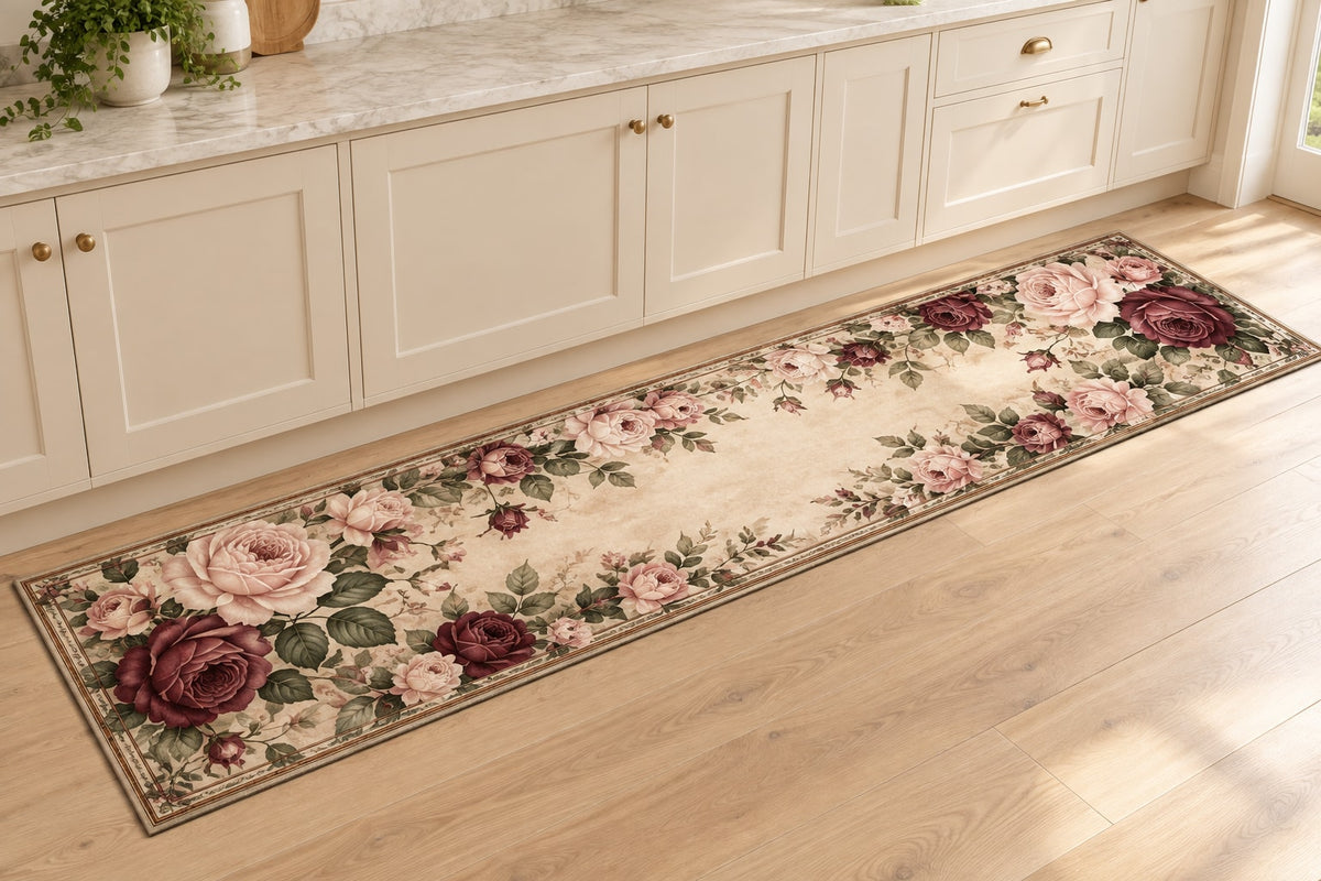 Rose Herbarium Kitchen Rug with dimensional printed themed artwork; representative AI-generated mockup.