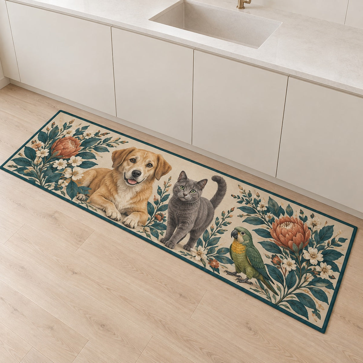 Multi Pet Household Kitchen Rug with dimensional printed themed artwork; representative AI-generated mockup.