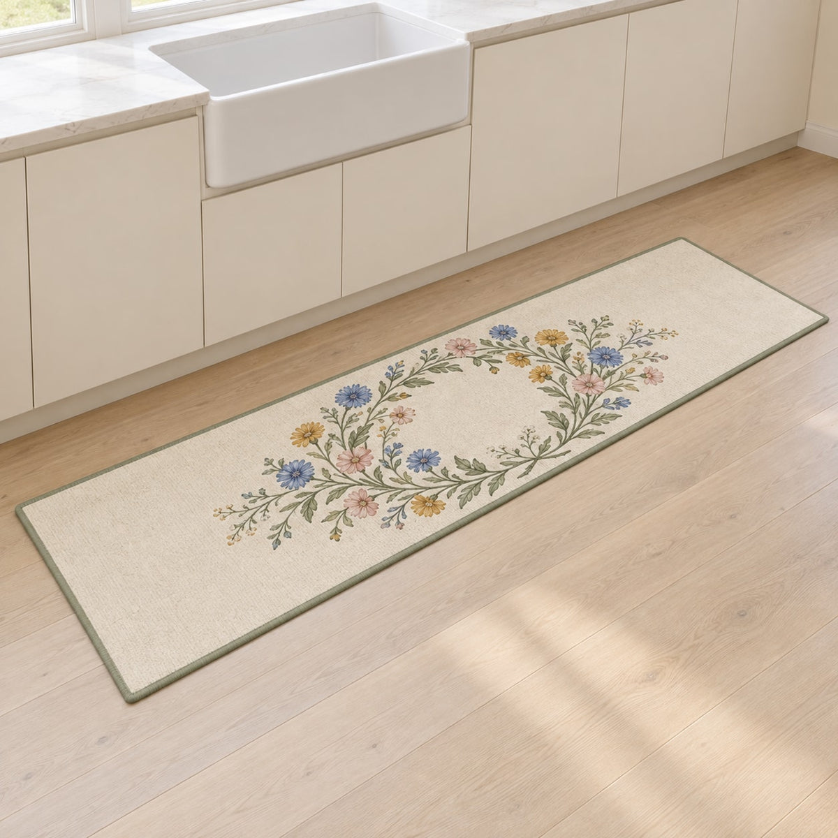 Wildflower Wedding Garden Kitchen Rug with dimensional printed themed artwork; representative AI-generated mockup.