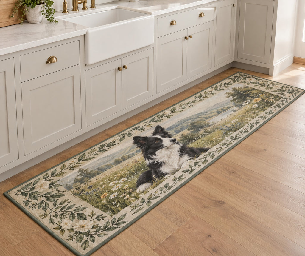 Border Collie Kitchen Rug with dimensional printed themed artwork; representative AI-generated mockup.