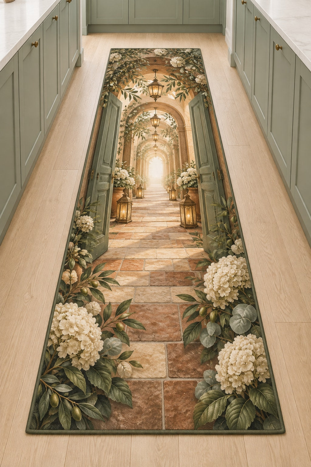 Housewarming Lantern Portal Kitchen Rug with dimensional printed themed artwork; representative AI-generated mockup.
