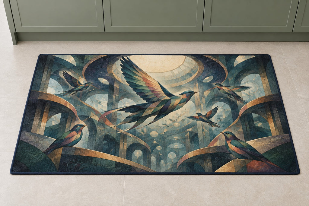 Dawn Chorus Observatory Kitchen Rug with dimensional printed themed artwork; representative AI-generated mockup.