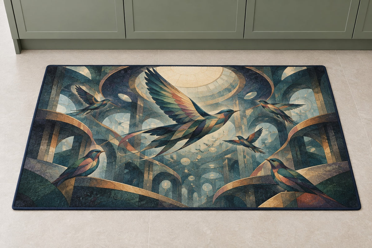 Dawn Chorus Observatory Kitchen Rug with dimensional printed themed artwork; representative AI-generated mockup.