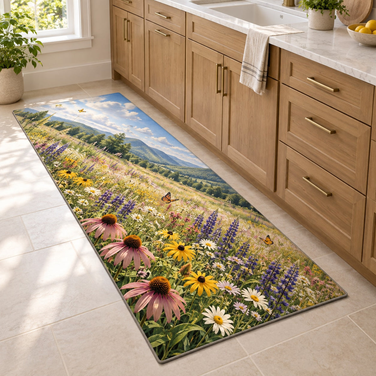 Wildflower Meadow Kitchen Rug with dimensional printed themed artwork; representative AI-generated mockup.