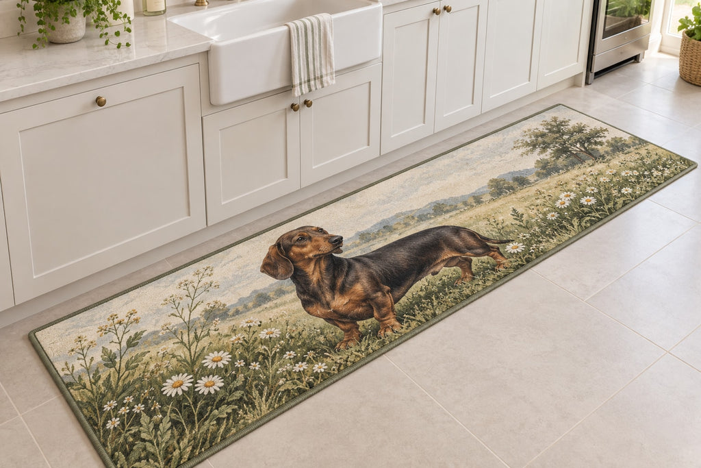 Dachshund Kitchen Rug with dimensional printed themed artwork; representative AI-generated mockup.