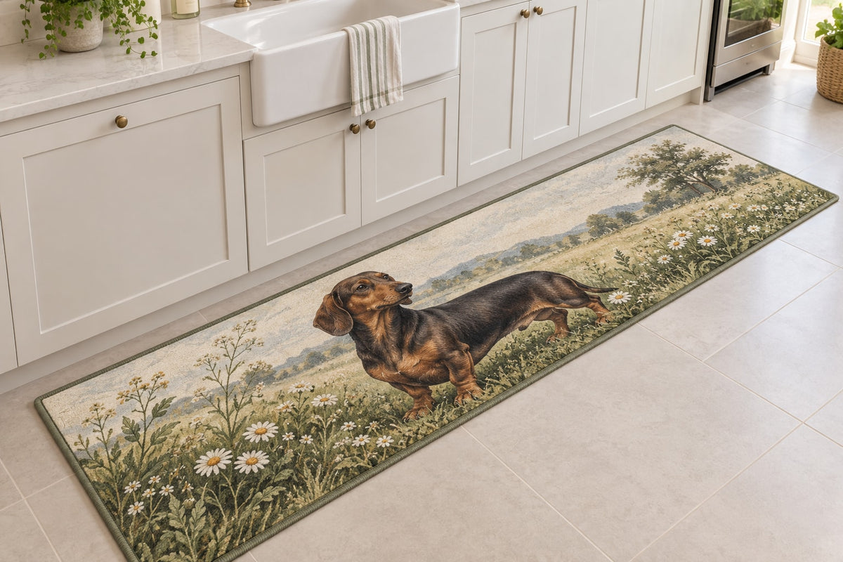 Dachshund Kitchen Rug with dimensional printed themed artwork; representative AI-generated mockup.