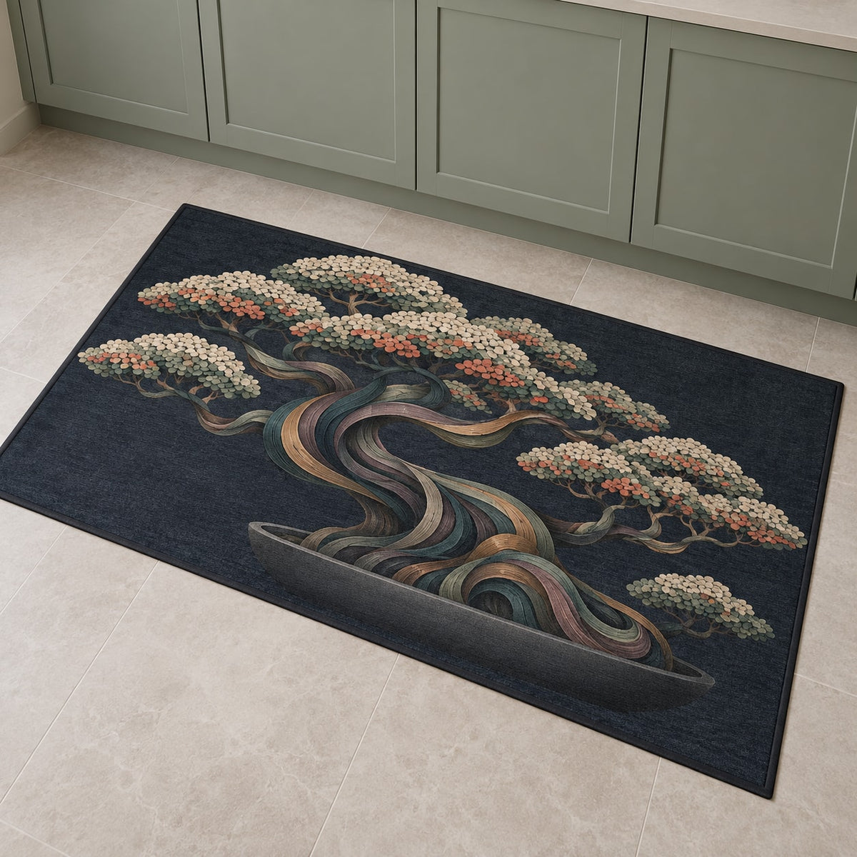 Midnight Bonsai Cloudrise Kitchen Rug with dimensional printed themed artwork; representative AI-generated mockup.