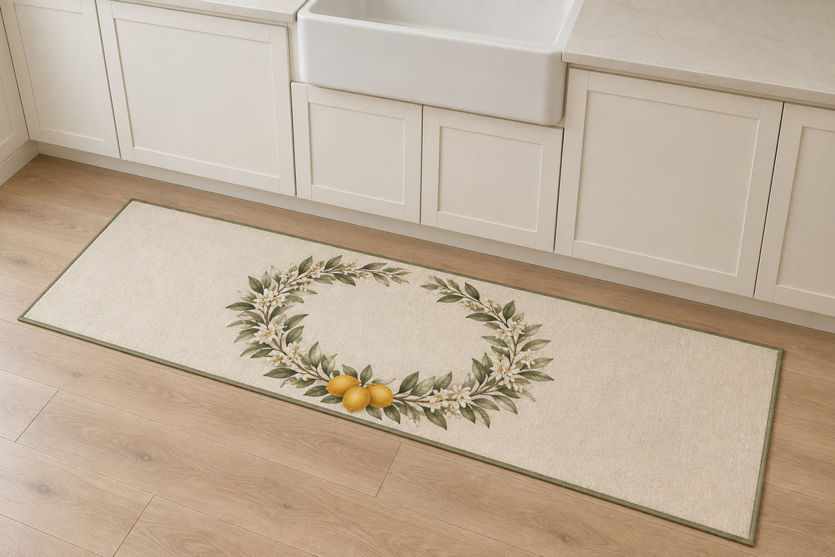 Citrus Garden Wedding Wreath Kitchen Rug with dimensional printed themed artwork; representative AI-generated mockup.