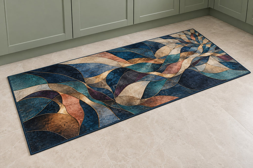 Prismatic Jigsaw Current Kitchen Rug with dimensional printed themed artwork; representative AI-generated mockup.
