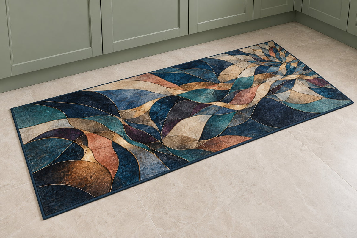 Prismatic Jigsaw Current Kitchen Rug with dimensional printed themed artwork; representative AI-generated mockup.