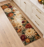Chrysanthemum Autumn Garden Kitchen Rug with dimensional printed themed artwork; representative AI-generated mockup.