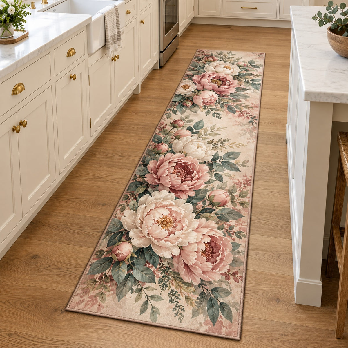 Peony Bouquet Kitchen Rug with dimensional printed themed artwork; representative AI-generated mockup.