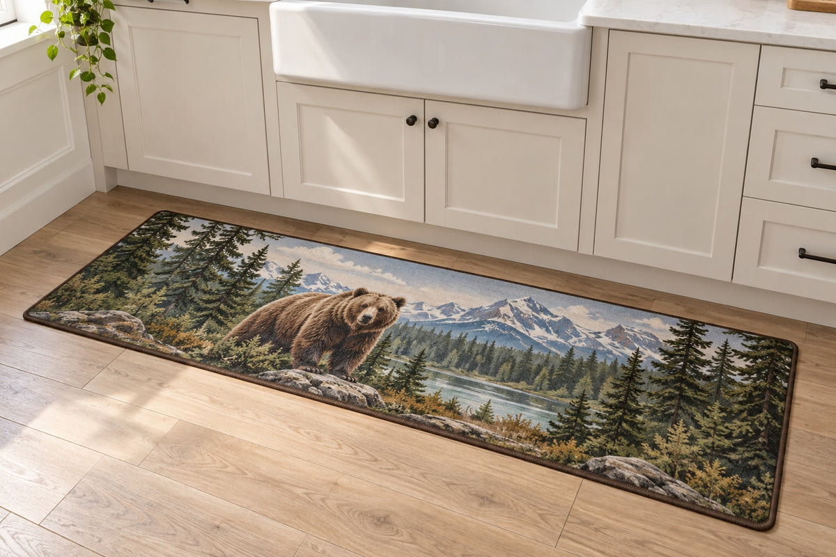 Mountain Bear Adventure Kitchen Rug with dimensional printed themed artwork; representative AI-generated mockup.