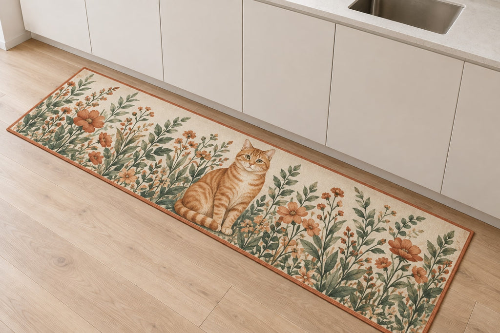 Orange Tabby Cat Companion Kitchen Rug with dimensional printed themed artwork; representative AI-generated mockup.