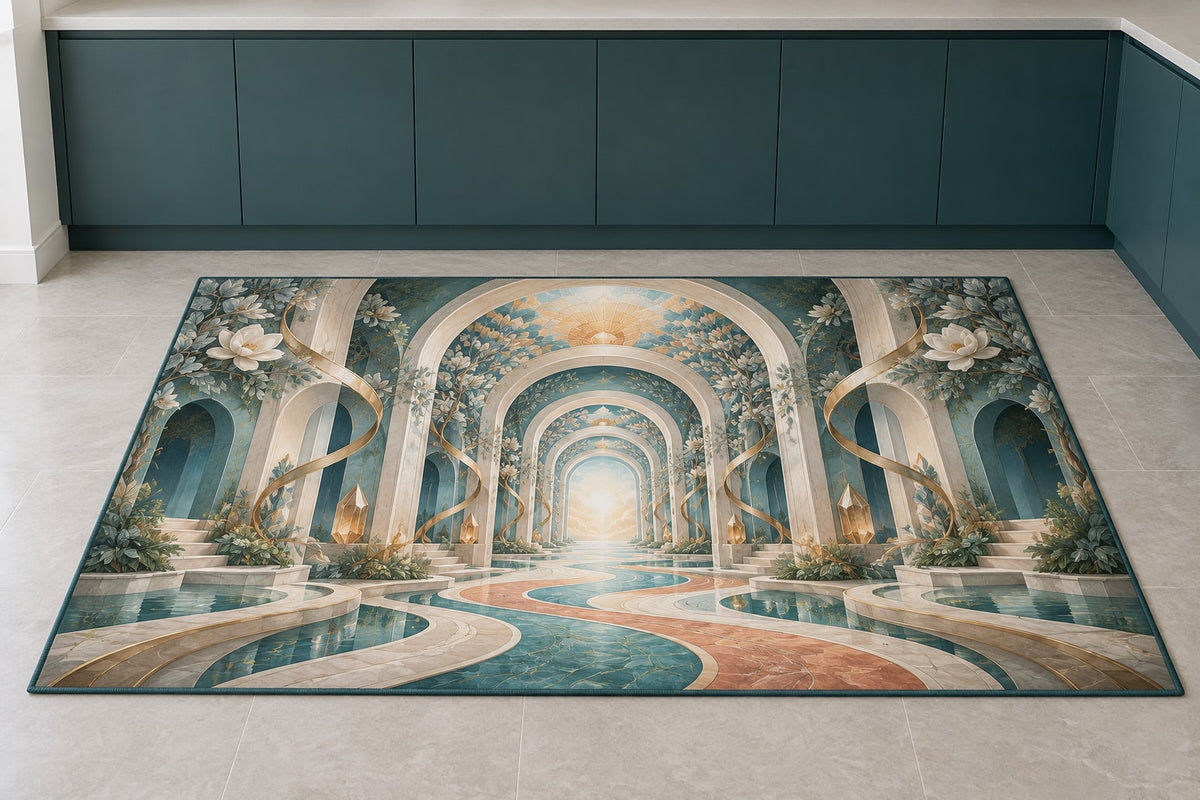 Occupational Therapy Renewal Kitchen Rug with dimensional printed themed artwork; representative AI-generated mockup.
