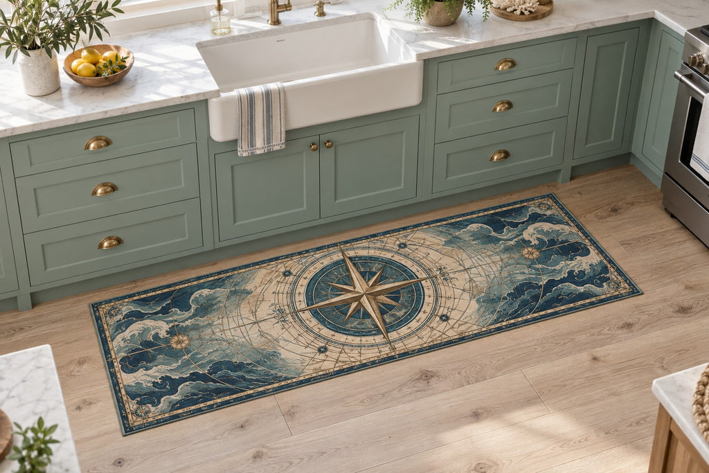 Nautical Compass Kitchen Rug with dimensional printed themed artwork; representative AI-generated mockup.
