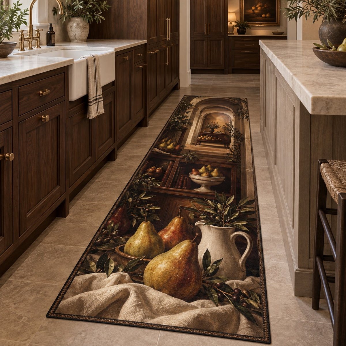 Pear Still Life Kitchen Rug with dimensional printed themed artwork; representative AI-generated mockup.