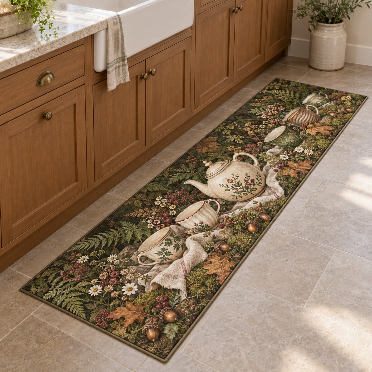 Woodland Tea Picnic Kitchen Rug with dimensional printed themed artwork; representative AI-generated mockup.
