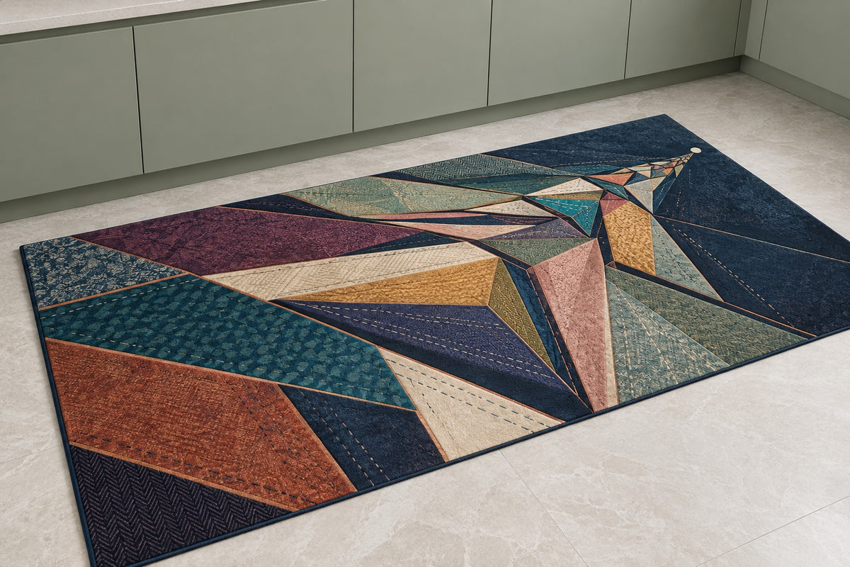 Selvedge Prismfall Kitchen Rug with dimensional printed themed artwork; representative AI-generated mockup.