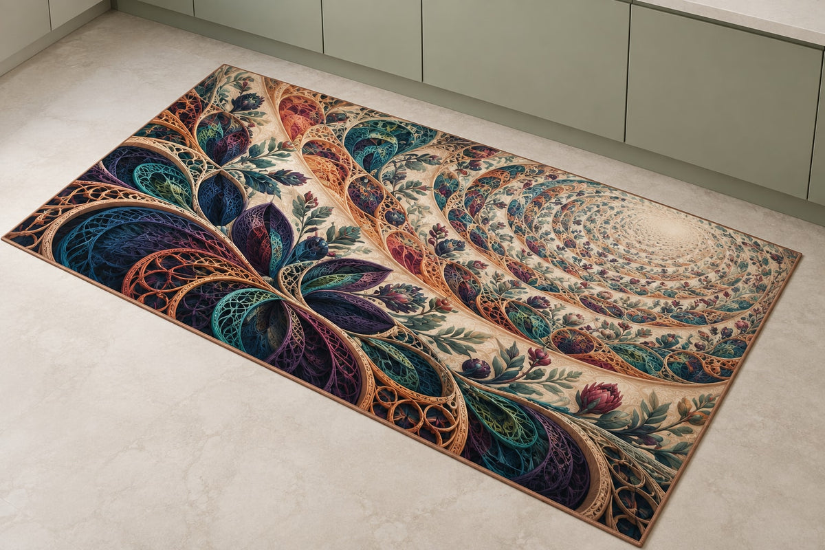 Loopflower Lattice Atrium Kitchen Rug with dimensional printed themed artwork; representative AI-generated mockup.