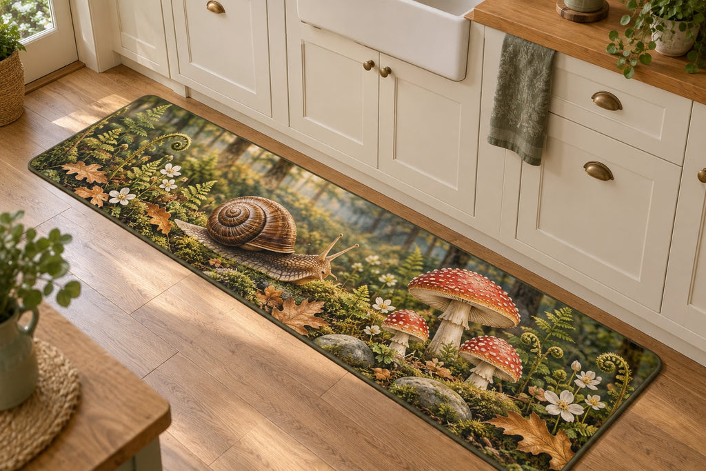 Snail and Toadstool Kitchen Rug with dimensional printed themed artwork; representative AI-generated mockup.