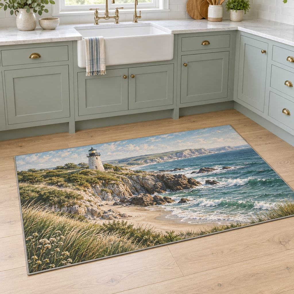Lighthouse Coast Kitchen Rug with dimensional printed themed artwork; representative AI-generated mockup.