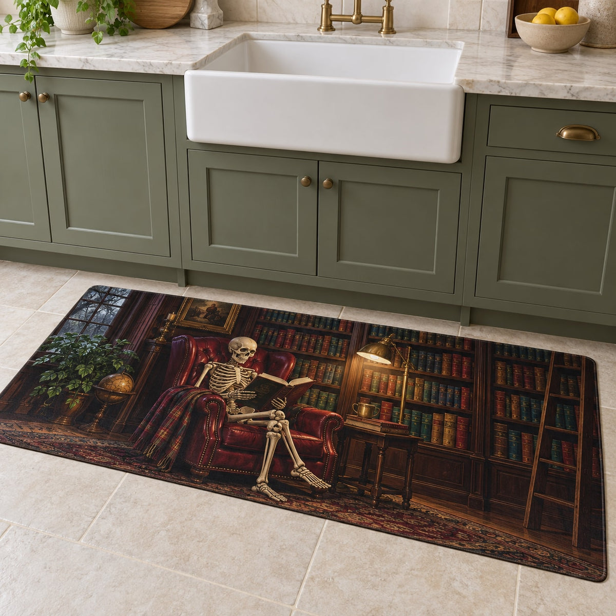 Skeleton Reading Nook Kitchen Rug with dimensional printed themed artwork; representative AI-generated mockup.