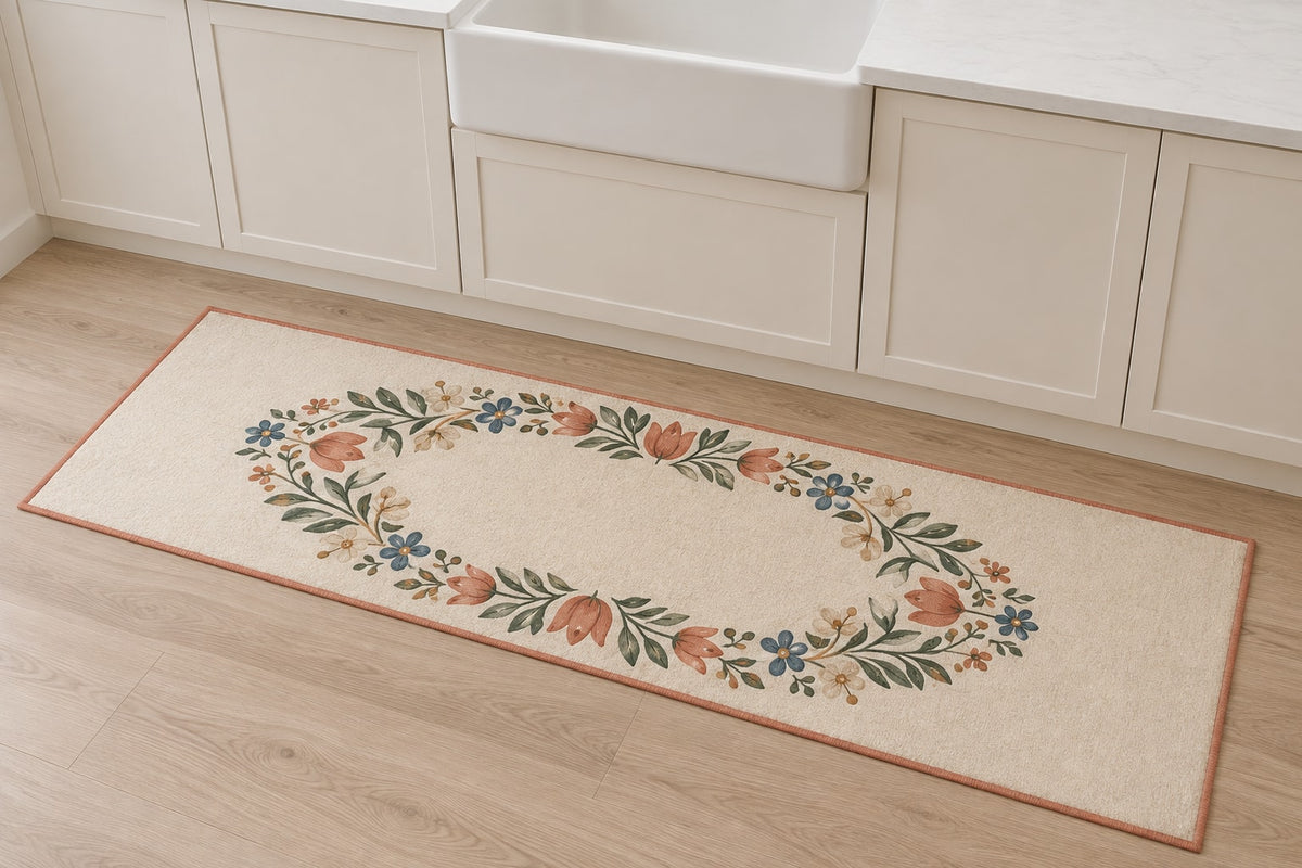 Folk Floral Wedding Wreath Kitchen Rug with dimensional printed themed artwork; representative AI-generated mockup.