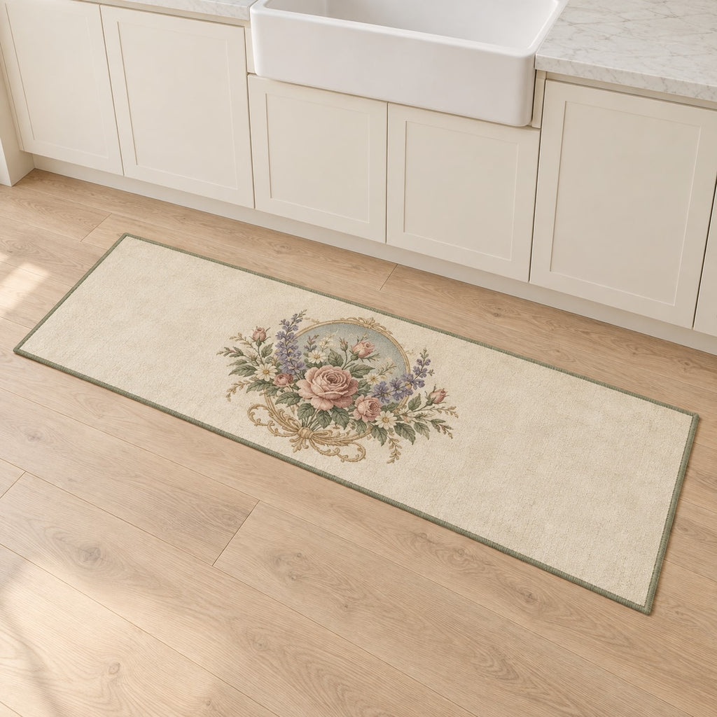 Vintage Garden Cameo Kitchen Rug with dimensional printed themed artwork; representative AI-generated mockup.