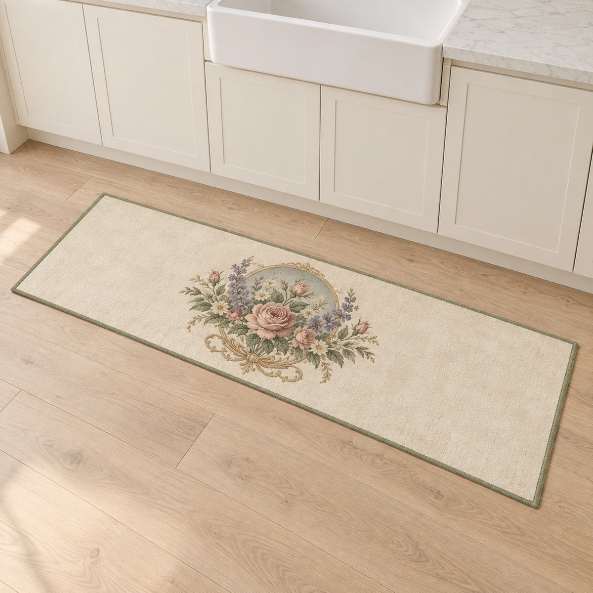 Vintage Garden Cameo Kitchen Rug with dimensional printed themed artwork; representative AI-generated mockup.