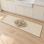 Vintage Garden Cameo Kitchen Rug with dimensional printed themed artwork; representative AI-generated mockup.