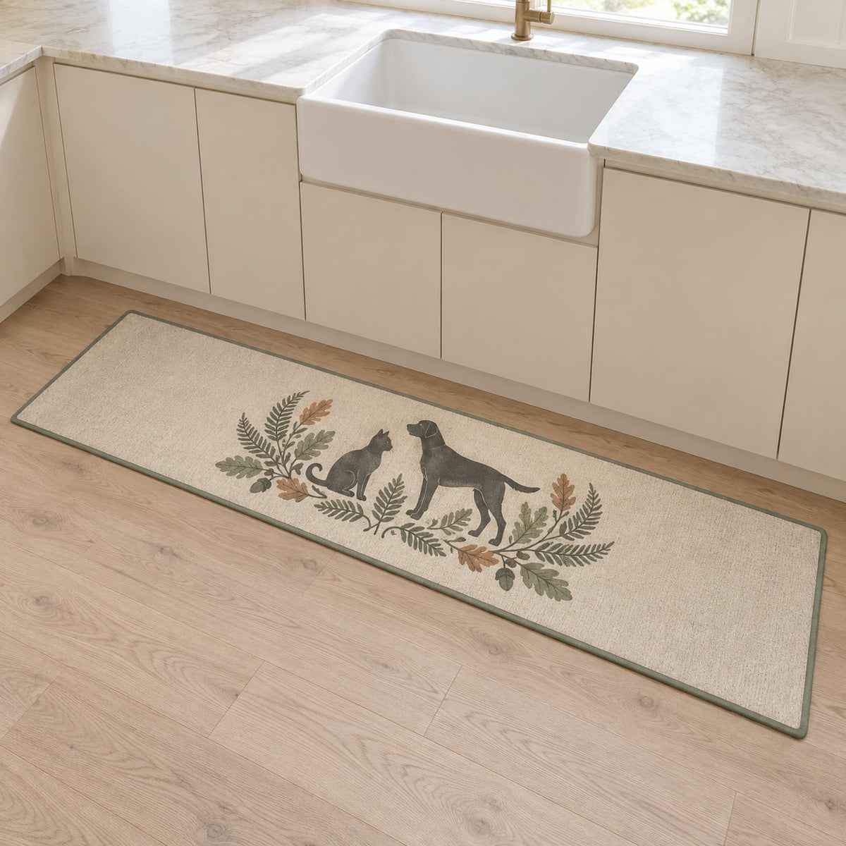 Woodland Pet Silhouette Kitchen Rug with dimensional printed themed artwork; representative AI-generated mockup.