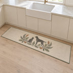 Woodland Pet Silhouette Kitchen Rug with dimensional printed themed artwork; representative AI-generated mockup.