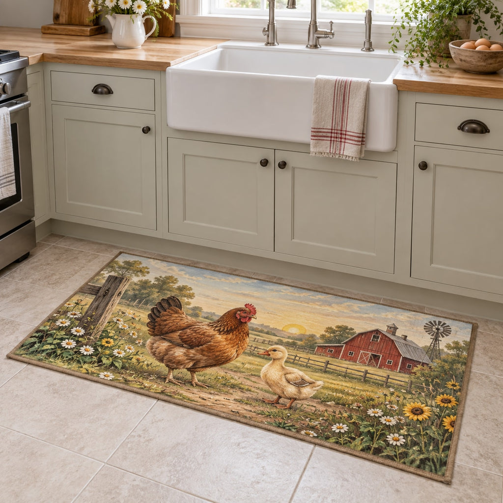Farm Animal Morning Kitchen Rug with dimensional printed themed artwork; representative AI-generated mockup.