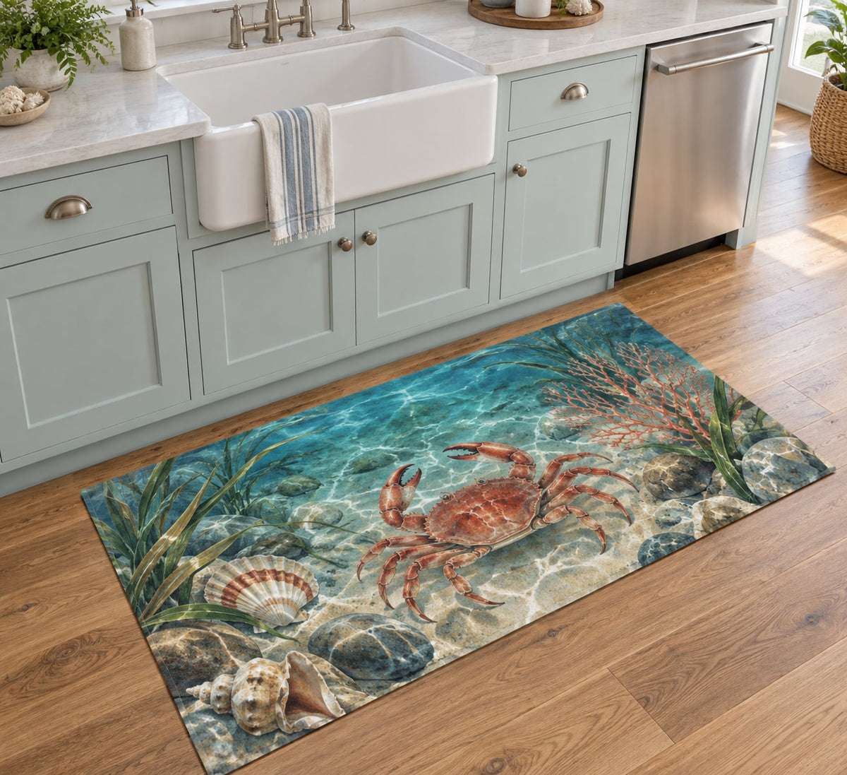 Crab Tidal Pool Kitchen Rug with dimensional printed themed artwork; representative AI-generated mockup.