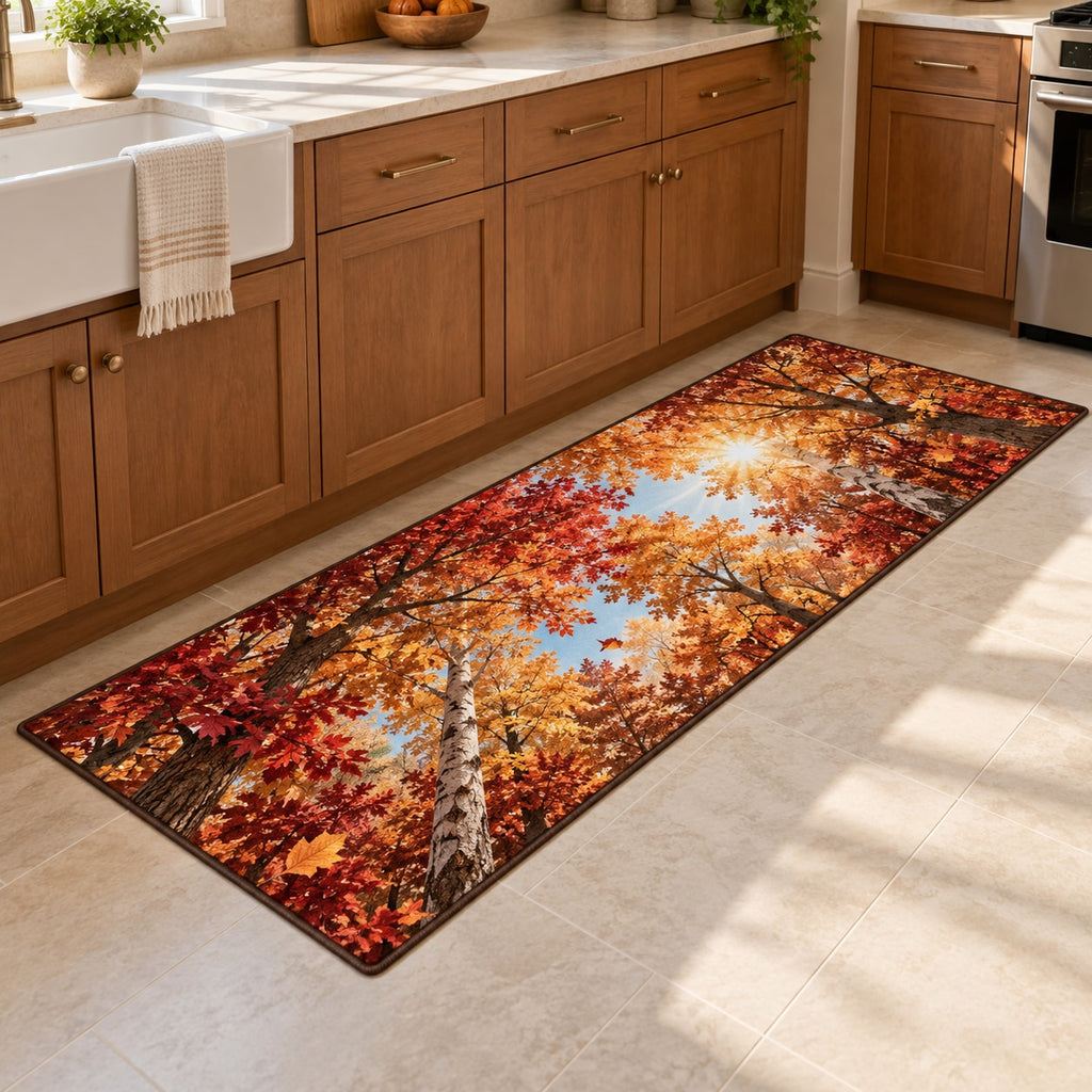 Autumn Forest Canopy Kitchen Rug with dimensional printed themed artwork; representative AI-generated mockup.