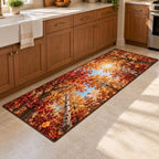 Autumn Forest Canopy Kitchen Rug with dimensional printed themed artwork; representative AI-generated mockup.
