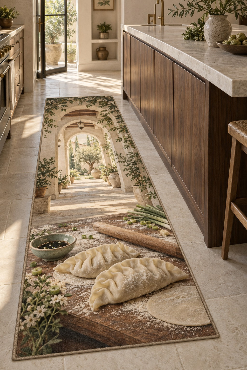 Dumpling Making Kitchen Rug with dimensional printed themed artwork; representative AI-generated mockup.