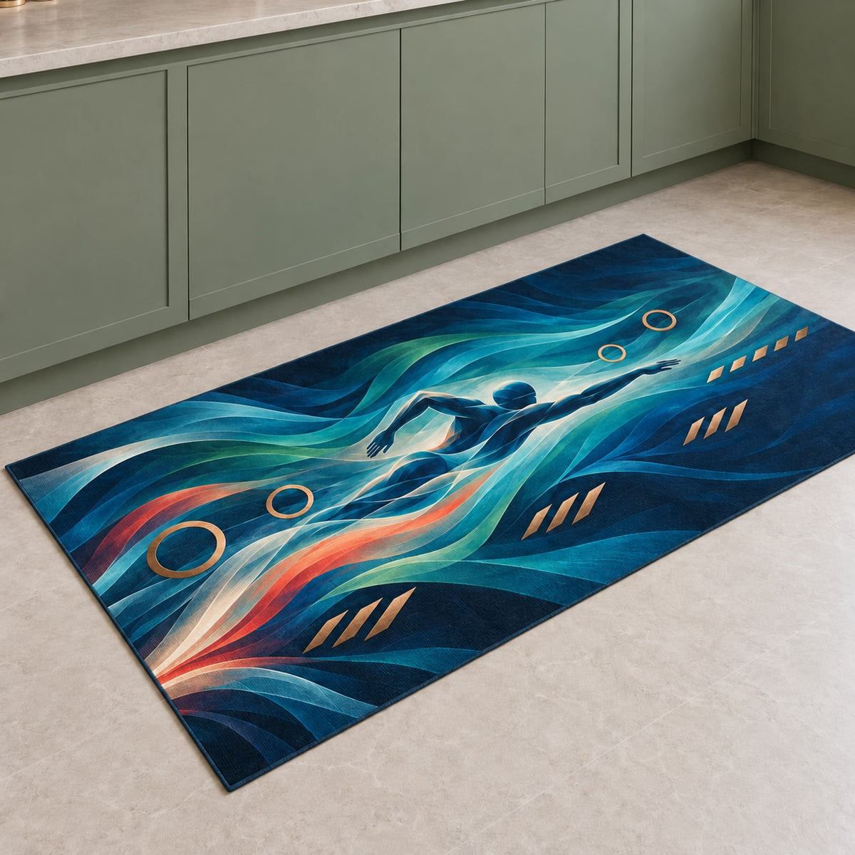 Luminous Lane Resonance Kitchen Rug with dimensional printed themed artwork; representative AI-generated mockup.