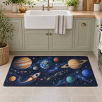 Space Explorer Planets Kitchen Rug with dimensional printed themed artwork; representative AI-generated mockup.