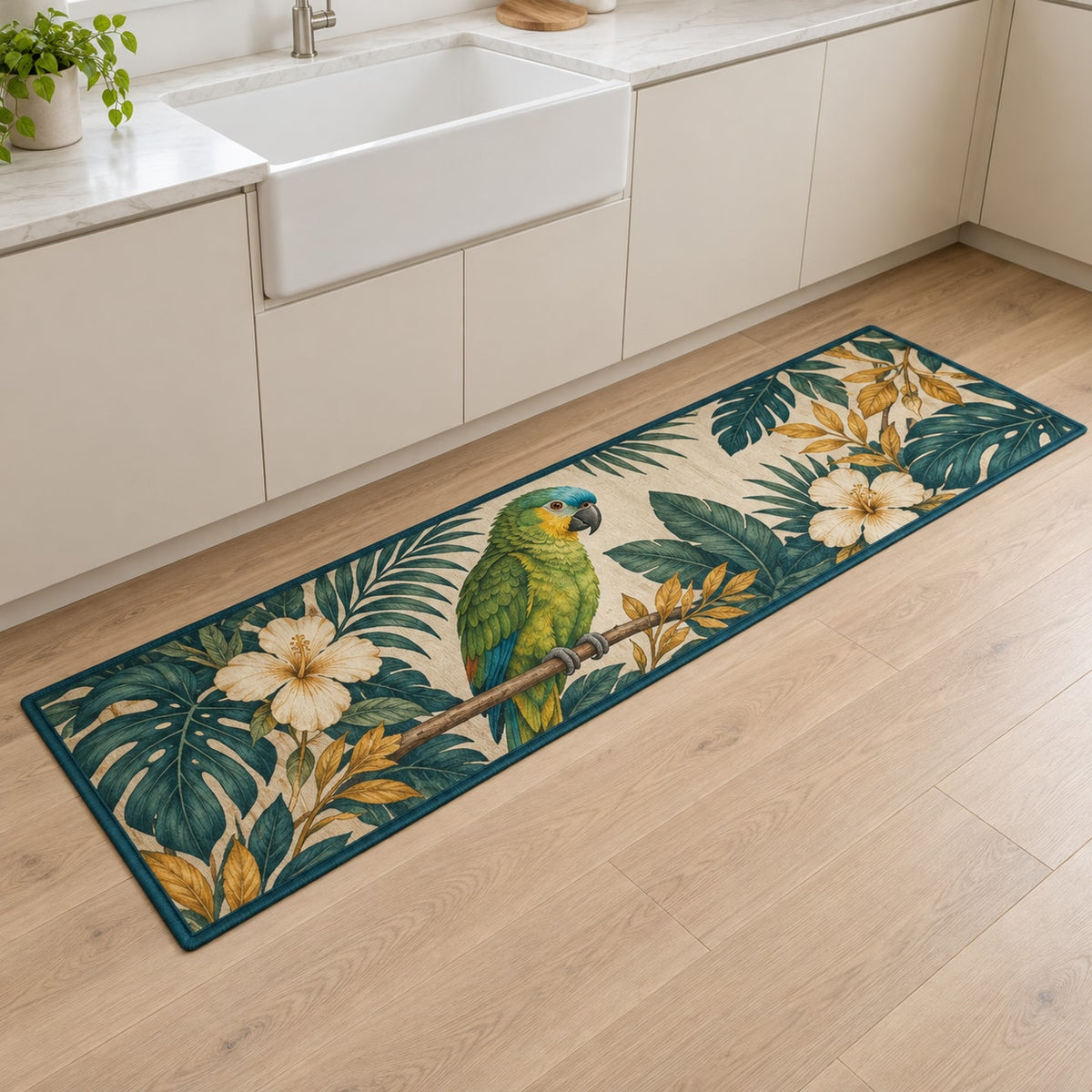 Parrot Companion Kitchen Rug with dimensional printed themed artwork; representative AI-generated mockup.