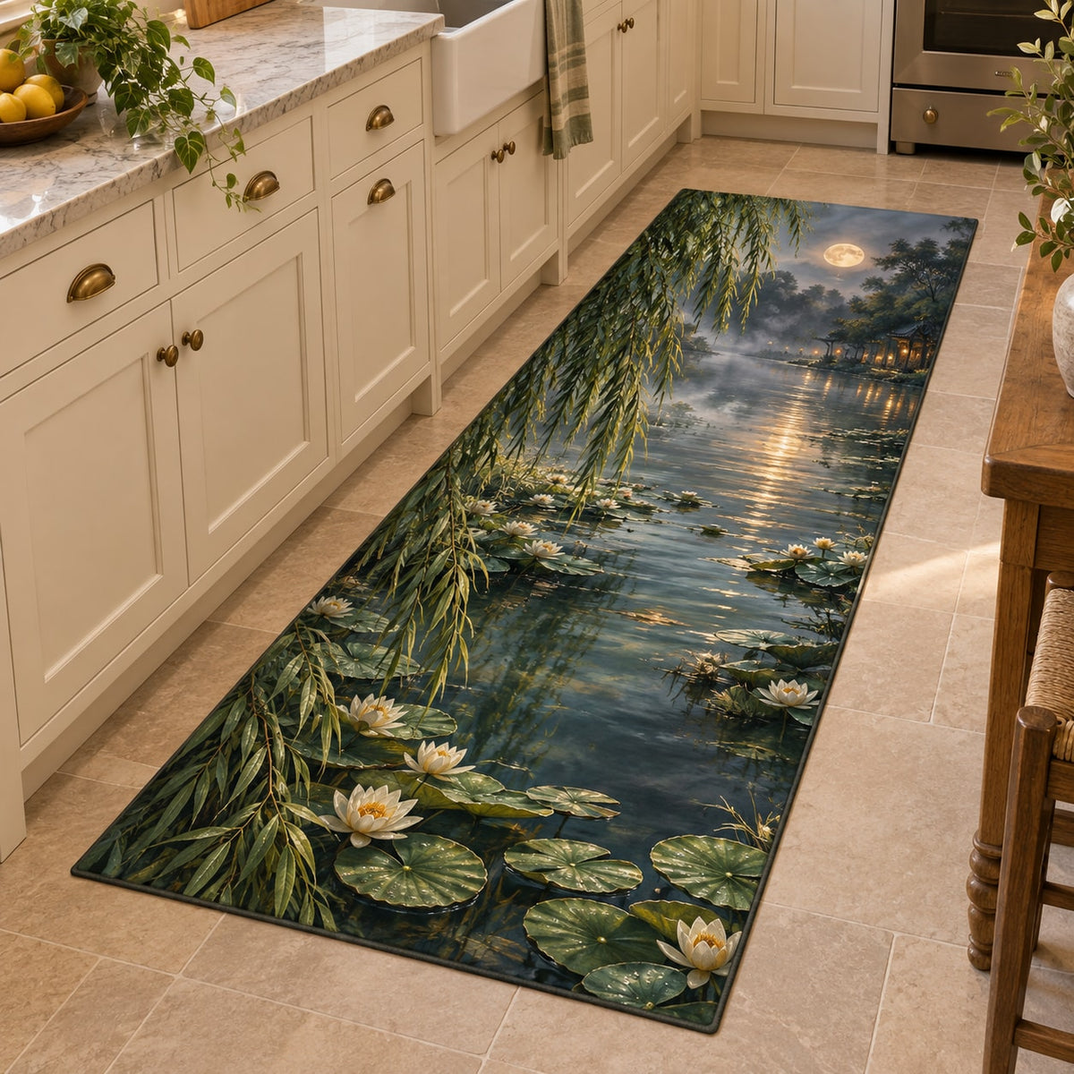 Moonlit Willow Pond Kitchen Rug with dimensional printed themed artwork; representative AI-generated mockup.