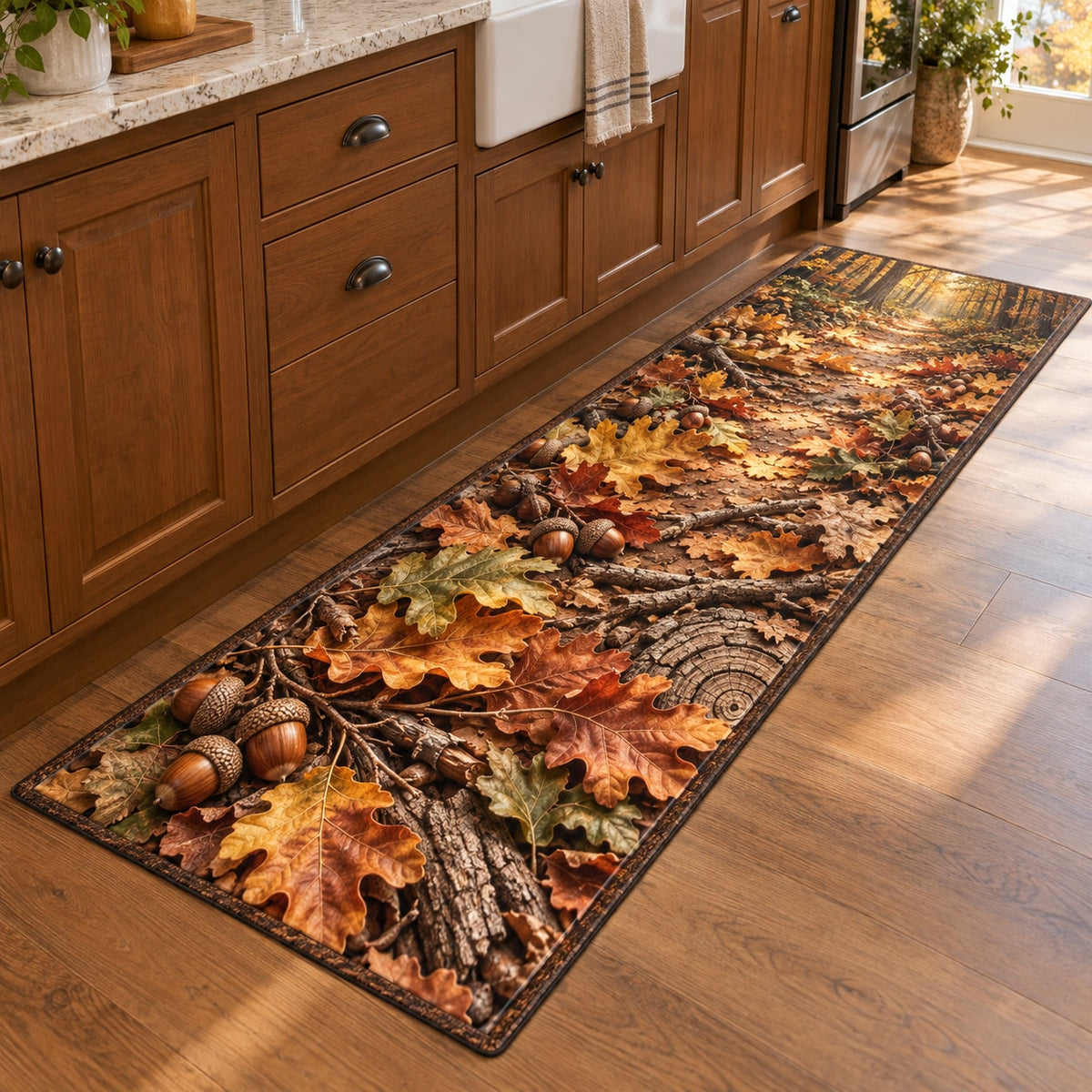 Acorns and Oak Leaves Kitchen Rug with dimensional printed themed artwork; representative AI-generated mockup.