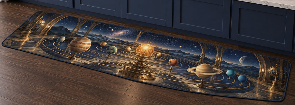 Vintage Solar System Kitchen Rug with dimensional printed themed artwork; representative AI-generated mockup.