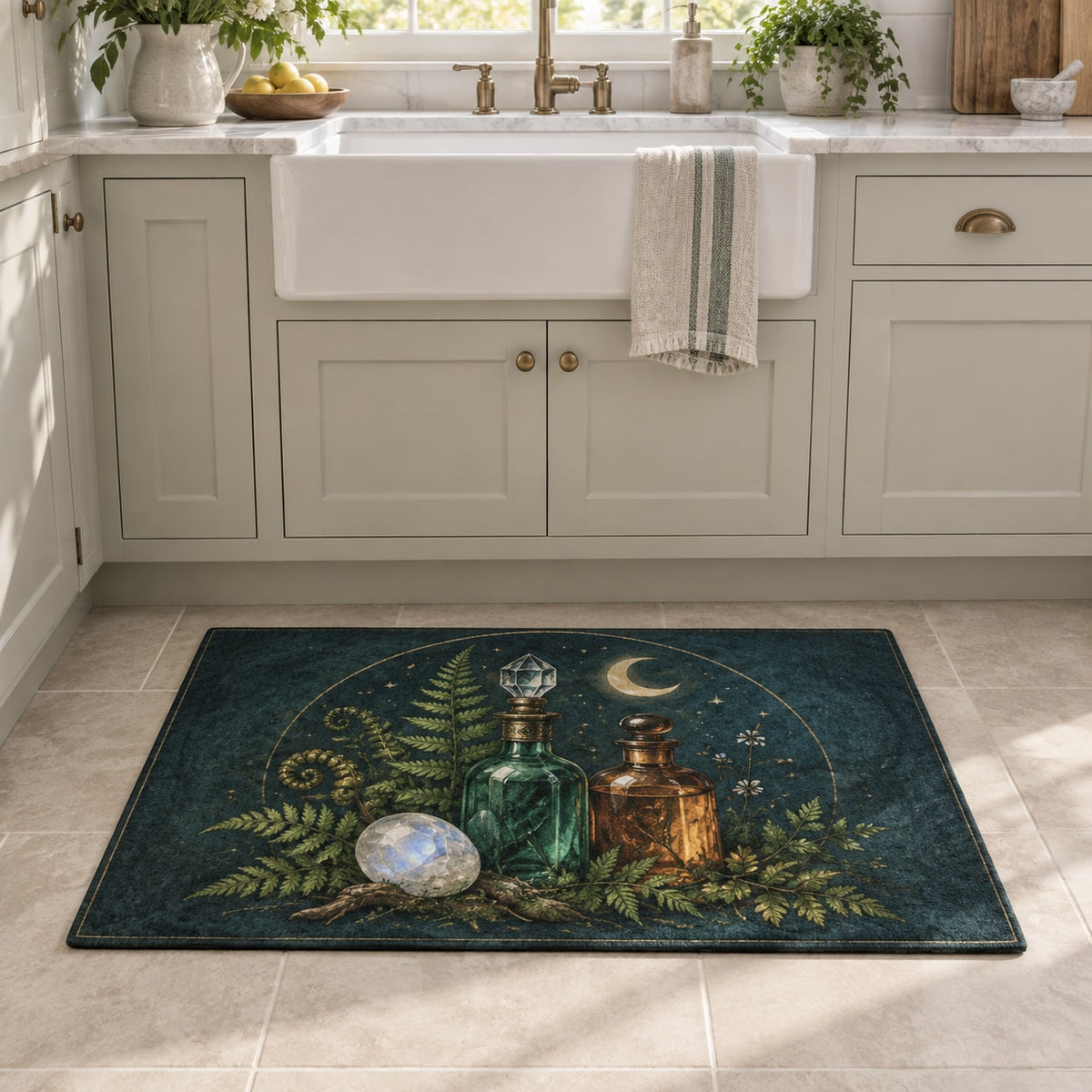 Potion Bottle Still Life Kitchen Rug with dimensional printed themed artwork; representative AI-generated mockup.