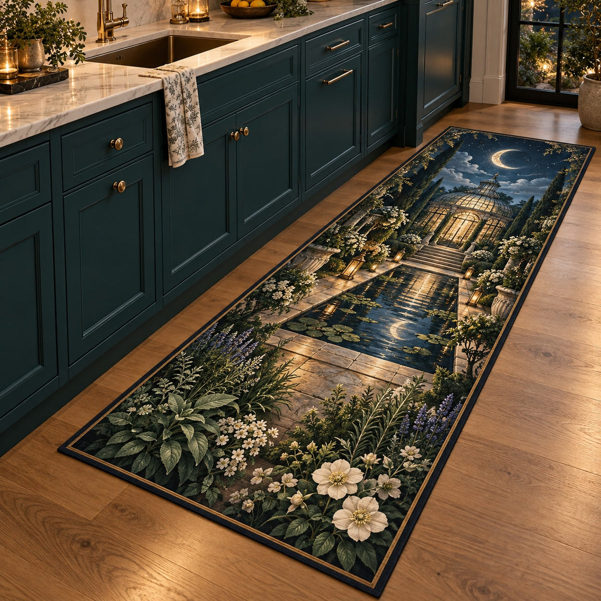 Celestial Botanical Garden Kitchen Rug with dimensional printed themed artwork; representative AI-generated mockup.