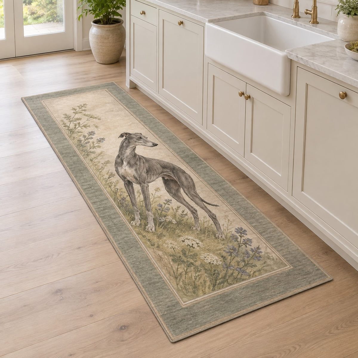 Greyhound Kitchen Rug with dimensional printed themed artwork; representative AI-generated mockup.
