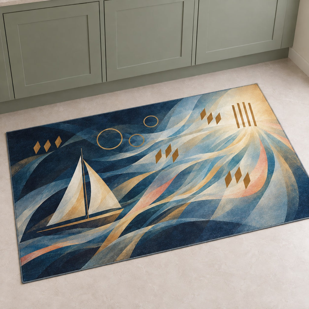 Windward Loom Weekend Kitchen Rug with dimensional printed themed artwork; representative AI-generated mockup.
